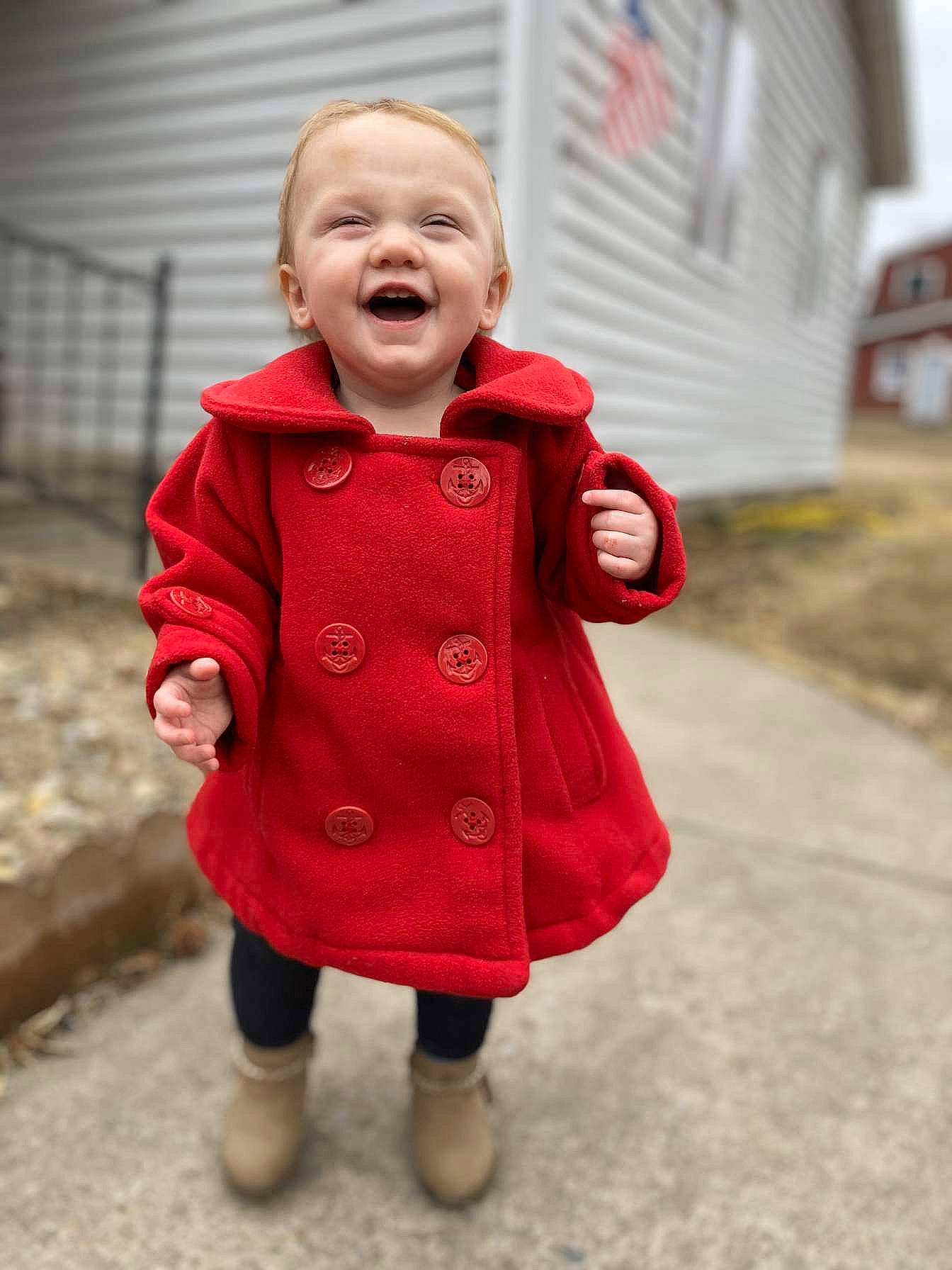 Journey joined the competition — help win amazing prizes! baby, baby_toddler_clothing, child, dress, fun, grass, happy, jacket, joy, nose, outerwear, pattern, person, skin, sleeve, smile, standing, toddler, toy, window