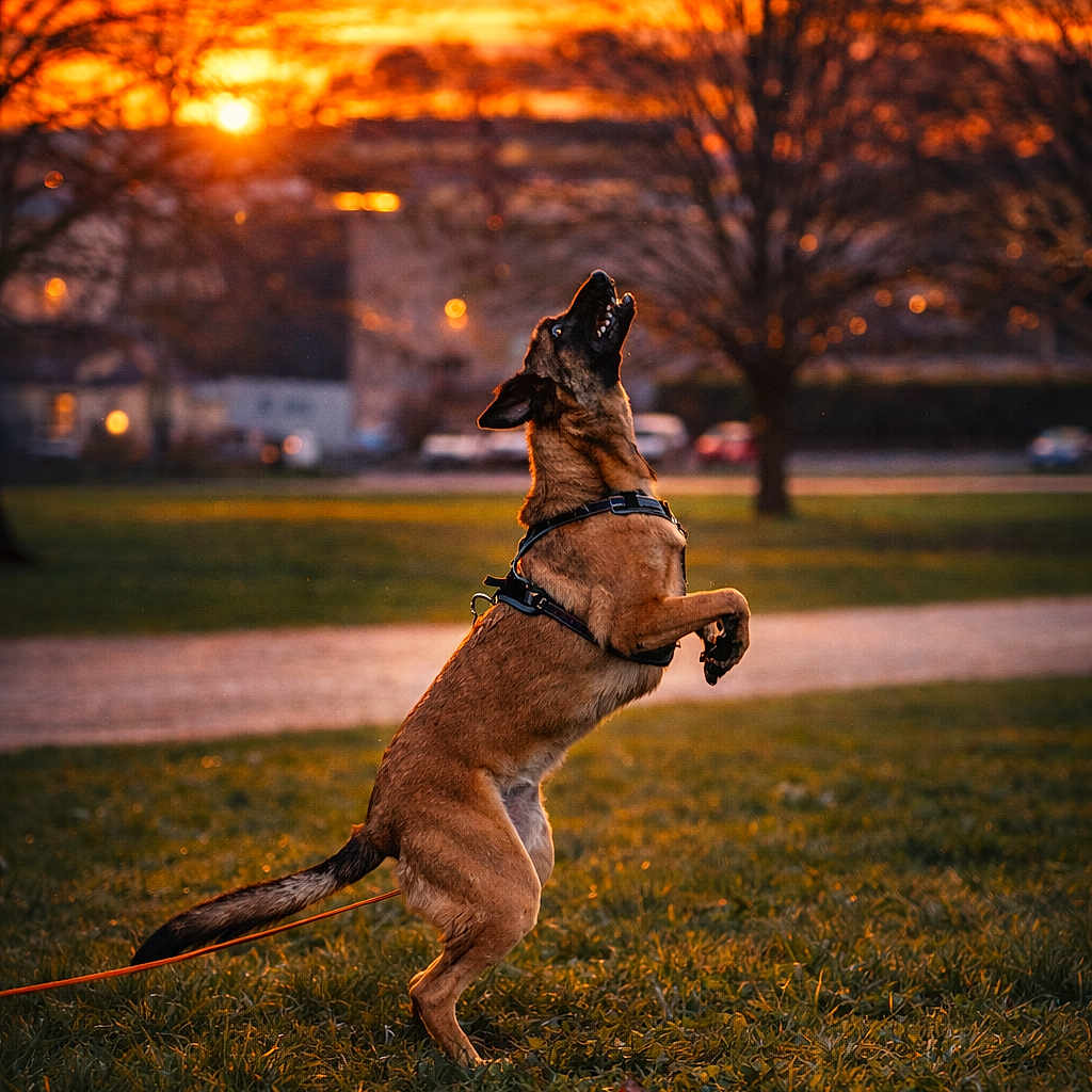 Luciano participe au concours pour gagner de l'argent avec cette photo : action, bokeh, canine, dog, golden_hour, grass, harness, jumping, leash, muzzle, outdoor, park, paws, playful, portrait, profile_view, silhouette, sunset, trees, warm_light
