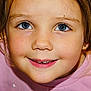 blue_eyes, child, closeup, cute, earring, expression, eyelashes, face, hair, happy, indoor, light, mouth, person, pink_shirt, portrait, skin, smiling, teeth, young