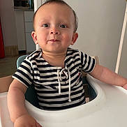 Nathan participe au concours pour gagner de l'argent avec cette photo : toddler, child, high_chair, striped_shirt, indoor, kitchen, baby, person, face, hand, curious, sitting, young_child, furniture, home, expression, cute, casual_clothing, portrait, infant