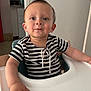 toddler, child, high_chair, striped_shirt, indoor, kitchen, baby, person, face, hand, curious, sitting, young_child, furniture, home, expression, cute, casual_clothing, portrait, infant