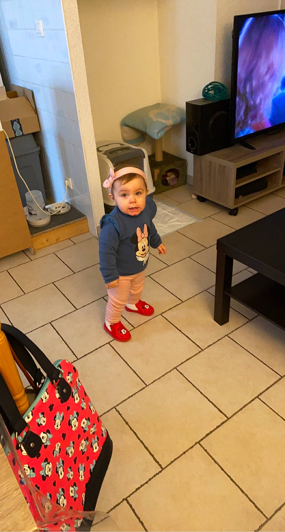 Noéline participe au concours pour gagner de l'argent avec cette photo : baby, baby_toddler_clothing, cabinetry, cable_television, child, display_device, entertainment_center, flat_panel_display, floor, flooring, home_appliance, human_body, living_room, person, play, room, sock, television, television_accessory, television_set