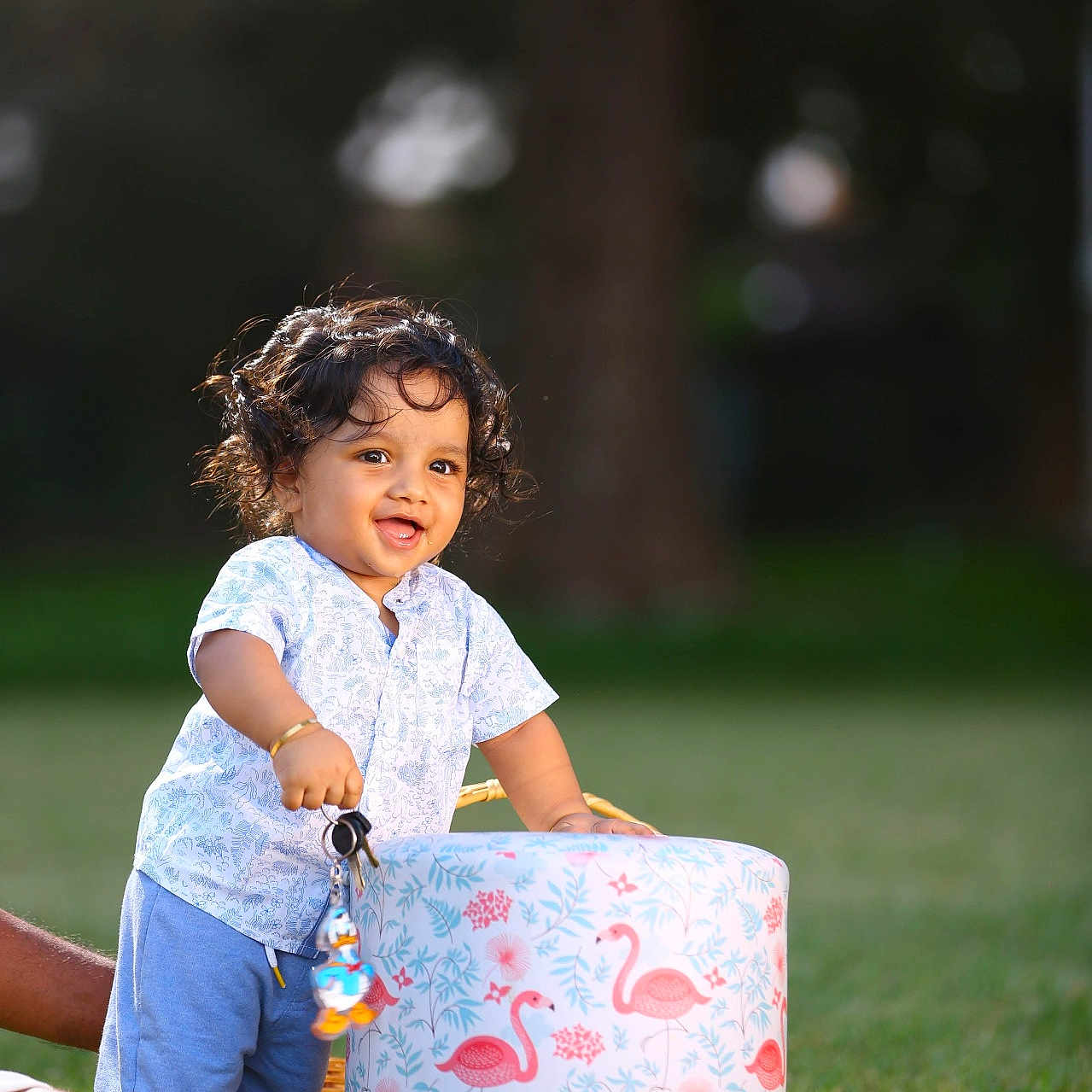 Nirav joined the competition — help win amazing prizes! barefoot, basket, blue_shorts, child, curly_hair, donald_duck, flamingo_pattern, grass, happy, keychain, keys, nature, outdoor, person, playful, smiling, stool, sunlight, toddler, white_shirt