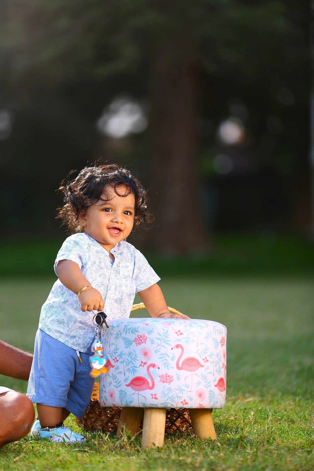 Nirav joined the competition — help win amazing prizes! barefoot, basket, blue_shorts, child, curly_hair, donald_duck, flamingo_pattern, grass, happy, keychain, keys, nature, outdoor, person, playful, smiling, stool, sunlight, toddler, white_shirt