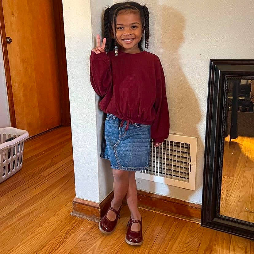 Braylee joined the competition — help win amazing prizes! denim, door, dress, floor, flooring, hardwood, human_leg, joint, joy, knee, laminate_flooring, leg, person, shorts, sleeve, smile, sportswear, t_shirt, thigh, trunk