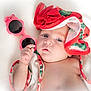 accessory, baby, blue_eyes, child, closeup, colorful, cute, face, fashion, flower_shaped, hand, hat, infant, pink, portrait, skin, soft_lighting, summer, sunglasses, white_background
