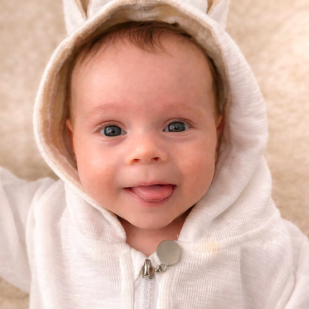 Atlas is registered to the contest to win money with this photo: baby, child, hoodie, bunny_ears, tongue_out, cute, infant, smiling, face, portrait, soft_background, white_clothing, playful, close_up, young_child, warm_tone, happy, expression, indoor, adorable