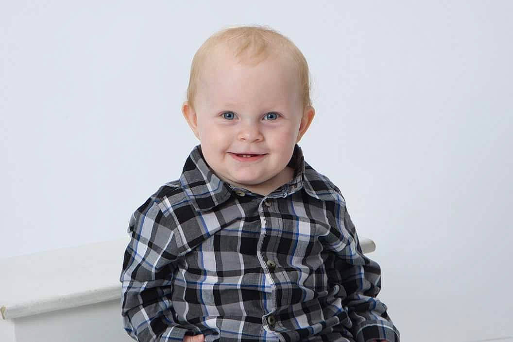 Maverick is registered to the contest to win money with this photo: baby, baby_toddler_clothing, child, collar, dress_shirt, electric_blue, face, happy, head, joy, laugh, pattern, person, plaid, portrait_photography, shirt, sitting, sleeve, smile, t_shirt