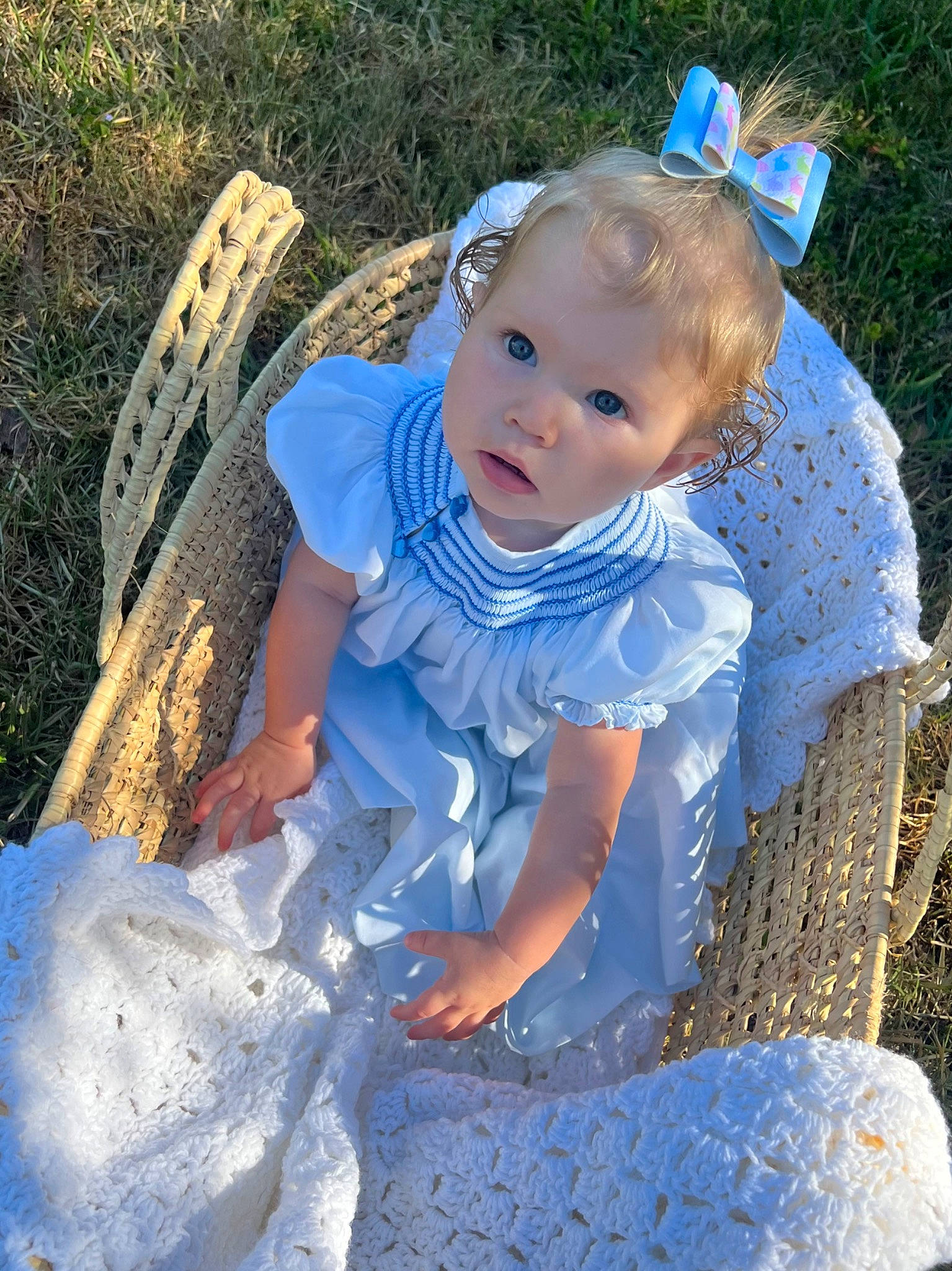 Amelia joined the competition — help win amazing prizes! baby_toddler_clothing, blue, botany, chair, dress, electric_blue, embellishment, eye, face, fun, grass, hairstyle, happy, head, iris, leaf, people_in_nature, person, plant, sunlight