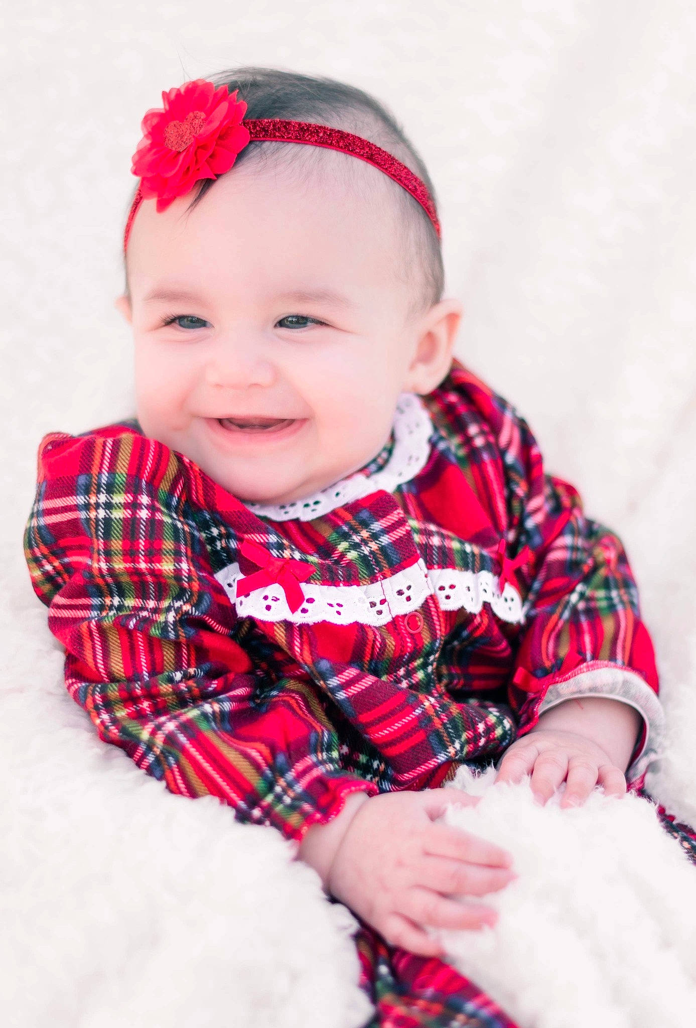 Alina joined the competition — help win amazing prizes! baby_toddler_clothing, cheek, child, facial_expression, hair_accessory, happy, headgear, headwear, human, joy, lip, mouth, nose, pattern, person, pink, plaid, red, sitting, skin