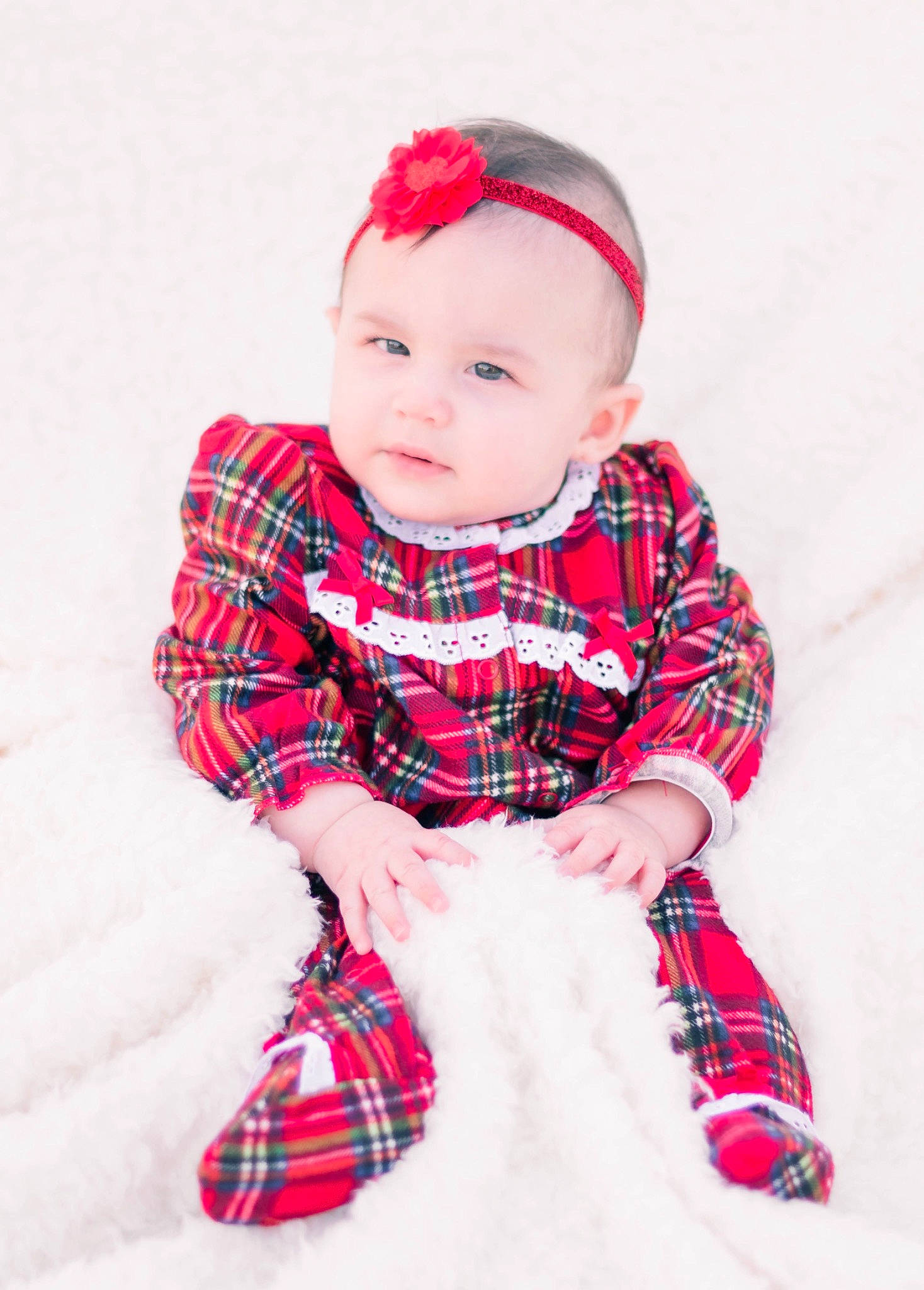 Alina is registered to the contest to win money with this photo: baby, baby_toddler_clothing, cheek, child, child_model, costume_accessory, design, headgear, lip, pattern, person, photo_shoot, plaid, red, sitting, sleeve, tartan, textile, toddler, white
