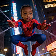 Hezekiah is registered to the contest to win money with this photo: child, toddler, spiderman, superhero, costume, jumping, web, city, night, skyscrapers, urban, street, lights, neon, traffic, portrait, action, midair, marvel, costume_play