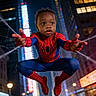 child, toddler, spiderman, superhero, costume, jumping, web, city, night, skyscrapers, urban, street, lights, neon, traffic, portrait, action, midair, marvel, costume_play