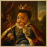 baby, child, portrait, crown, royal, throne, scepter, cape, velvet, ornate, costume, jewelry, painting, digital_art, indoor, palace, seated, infant, face, text_overlay