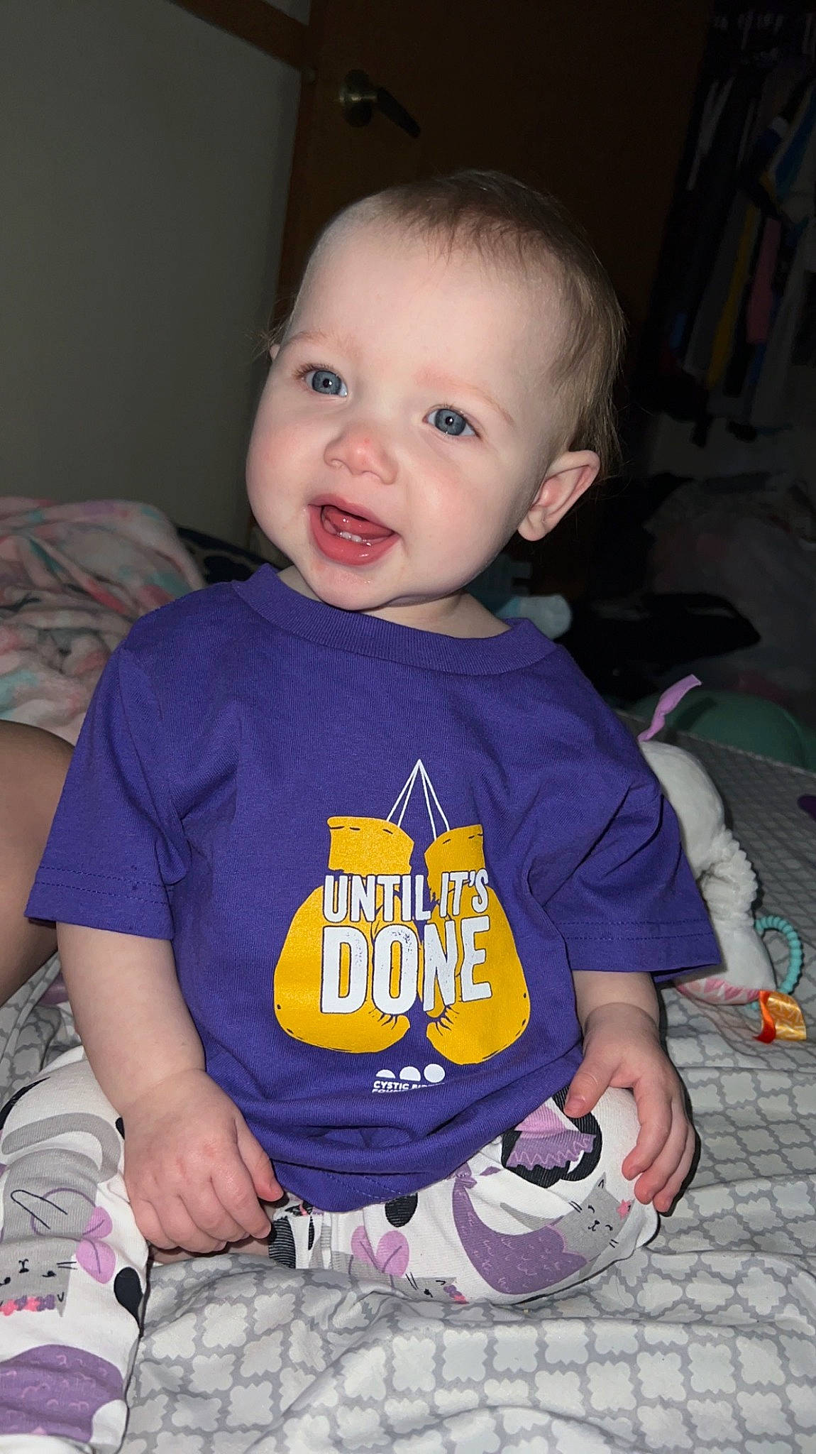 Alaina joined the competition — help win amazing prizes! baby, baby_toddler_clothing, cheek, child, cool, electric_blue, finger, fun, happy, head, iris, mouth, person, sitting, skin, sleeve, smile, t_shirt, toddler, walking_shoe