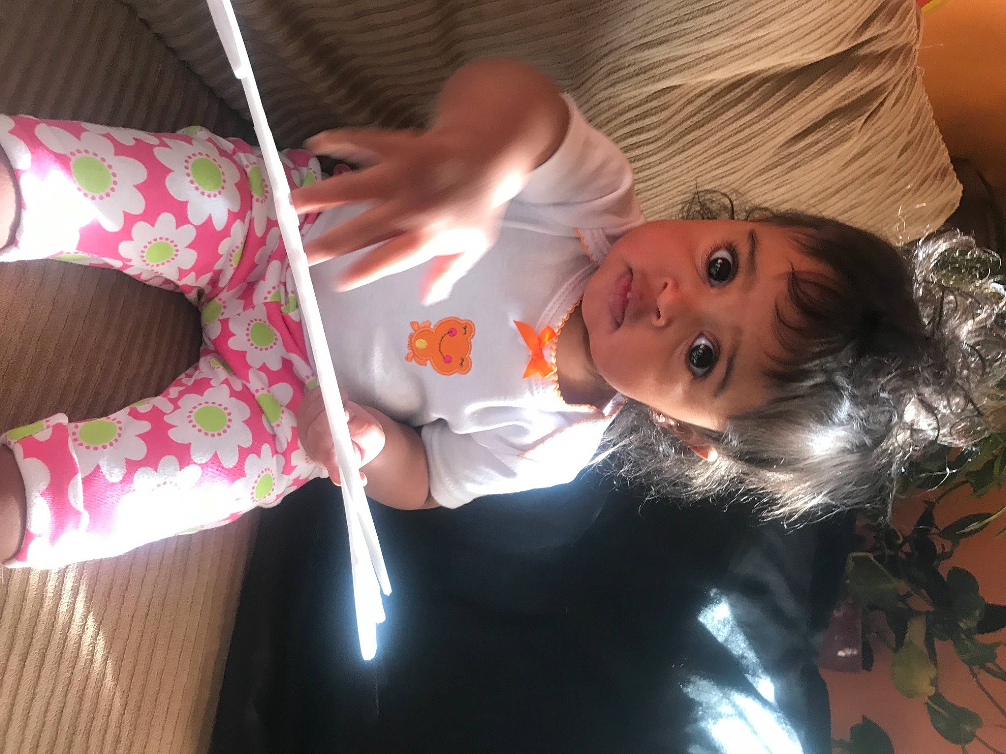 Jaida joined the competition — help win amazing prizes! baby, child, event, fun, fur, human_leg, mammal, nail, pattern, person, room, sitting, sleeve, textile, toddler, vertebrate