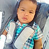 baby, baby_boy, car_seat, casual_clothing, child, closeup, cute, daylight, expression, face, infant, outdoor, people, plaid_shirt, portrait, safety_harness, seatbelt, stroller, sunlight, young_child