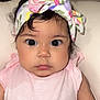 Evangelinne is registered to the contest to win money with this photo: baby, infant, child, face, headband, pink_clothing, toy, hand, wide_eyes, curious, portrait, indoors, closeup, cute, skin, young_child, expression, person, sitting, soft_background