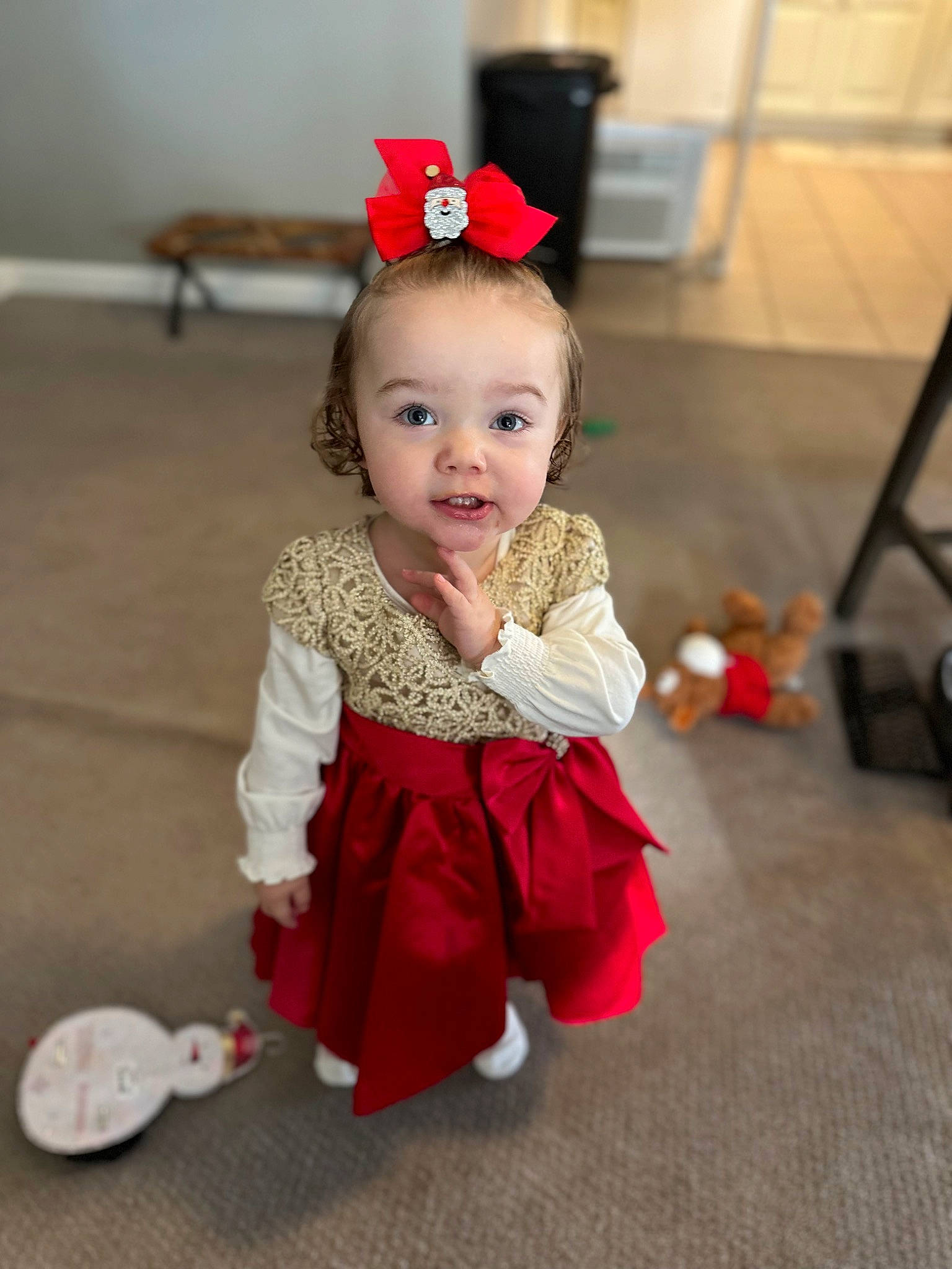 Sophia is registered to the contest to win money with this photo: baby, baby_toddler_clothing, child, dress, event, fashion_accessory, floor, flooring, fun, fur, happy, head, headpiece, magenta, person, pink, sitting, sleeve, smile, sock