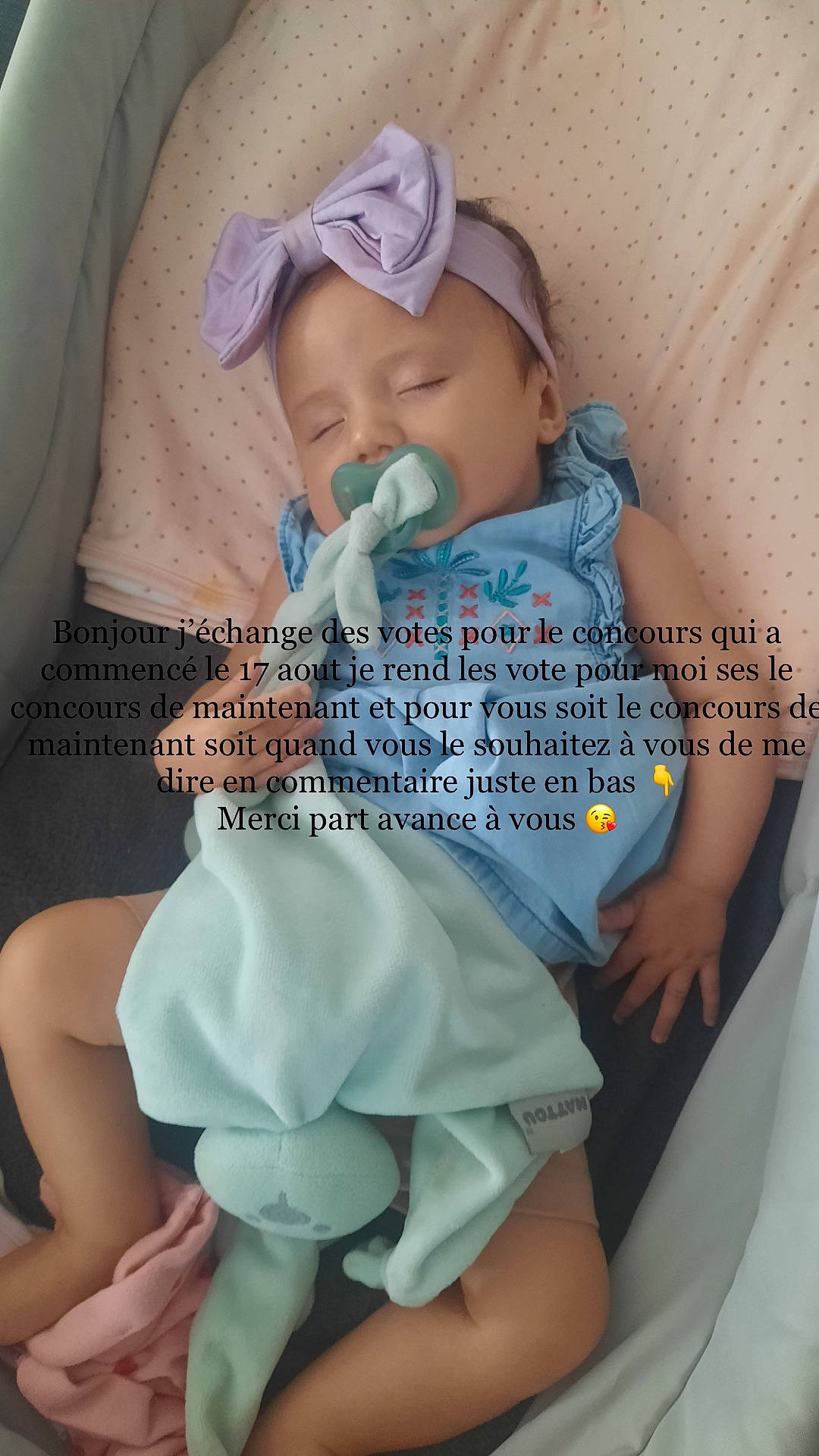 Kimberley participe au concours pour gagner de l'argent avec cette photo : aqua, baby, baby_sleeping, baby_toddler_clothing, beauty, child, comfort, dress, finger, headgear, joint, neck, pattern, person, pink, product, skin, sleeve, textile, thigh
