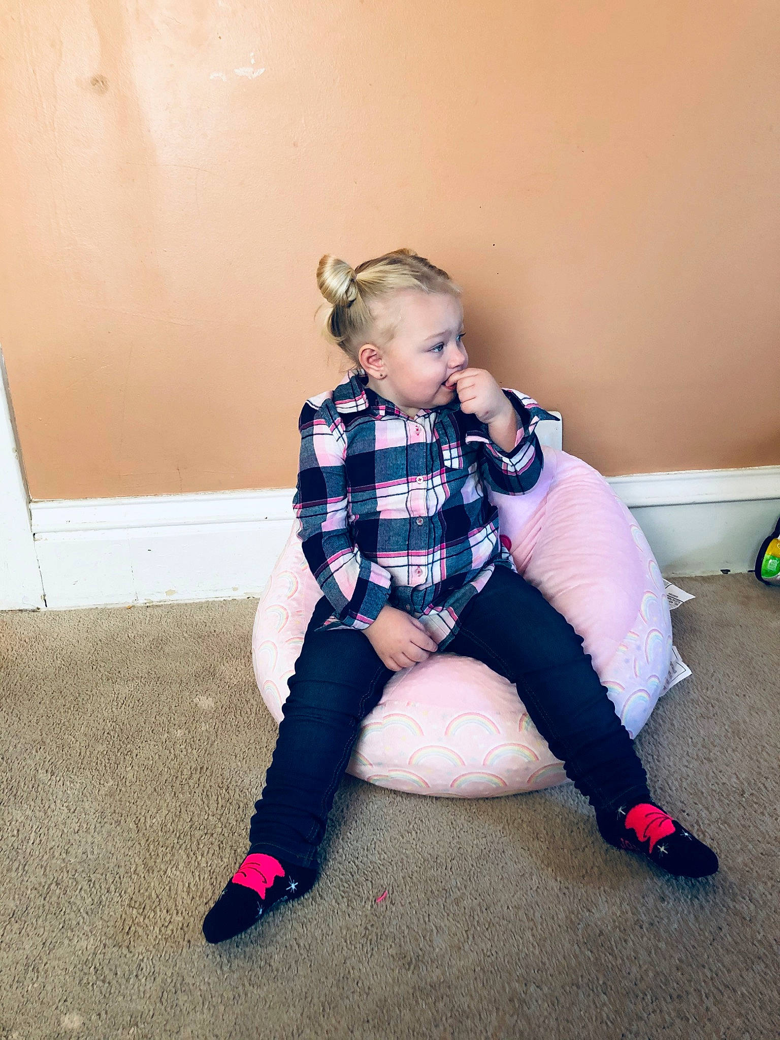 Adilyn is registered to the contest to win money with this photo: blond, child, cool, design, eyewear, fashion, footwear, glasses, joint, knee, leg, pattern, person, photography, pink, plaid, shoe, shoulder, sitting, tartan