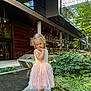 Liza joined the competition — help win amazing prizes! child, girl, dress, pink_dress, outdoor, urban, modern_building, greenery, plants, flowers, sidewalk, daylight, thoughtful, casual_pose, person, young_child, nature, architecture, stairs, reflection