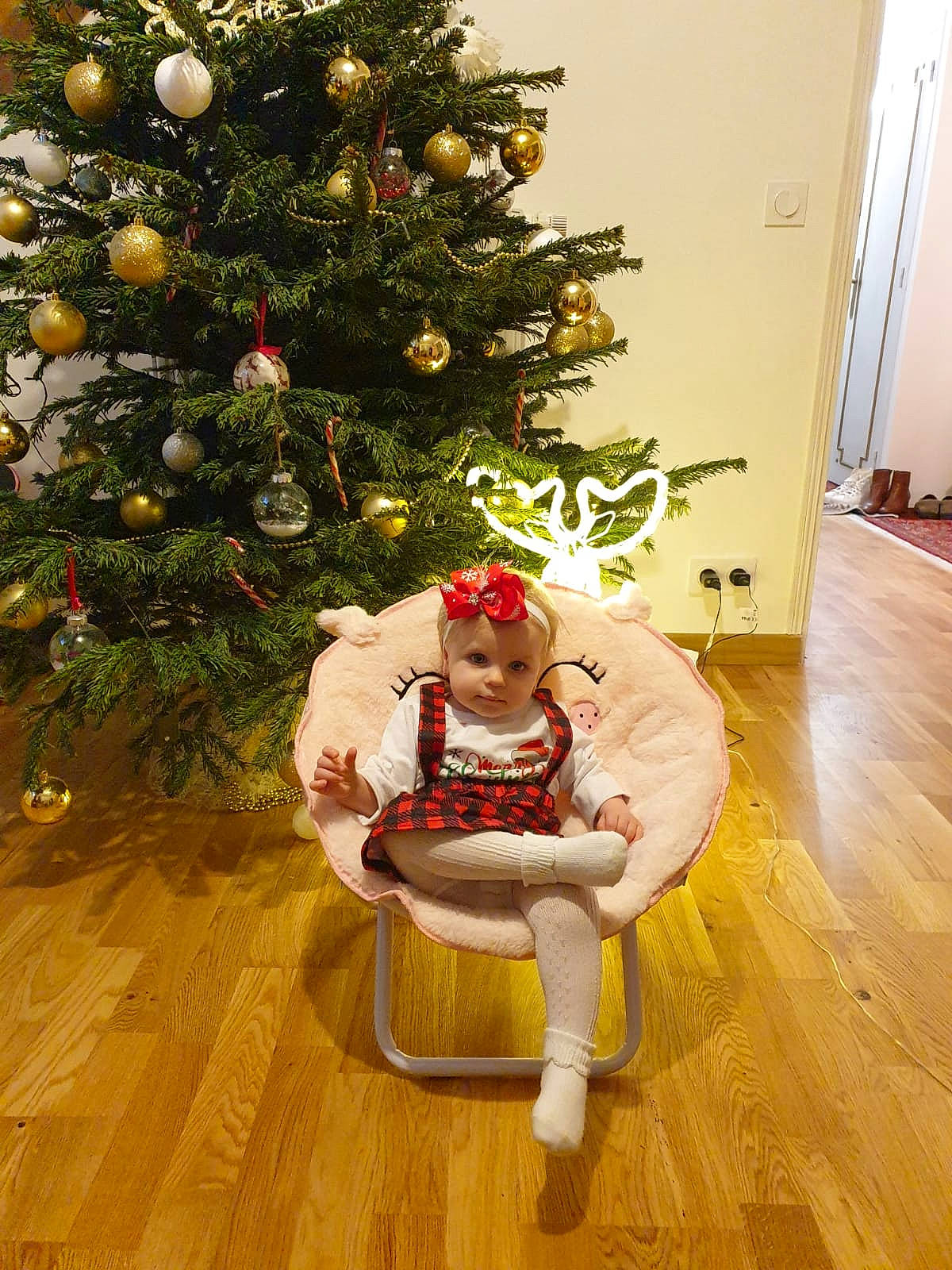 Masha participe au concours pour gagner de l'argent avec cette photo : christmas, christmas_decoration, christmas_eve, christmas_ornament, christmas_tree, event, evergreen, fawn, flooring, hardwood, holiday, holiday_ornament, interior_design, laminate_flooring, ornament, person, plant, toy, tree, wood