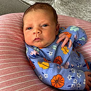 Ellehana joined the competition — help win amazing prizes! baby, blue_onesie, cozy, cushion, cute, eyes, face, floral_pattern, hand, indoor, infant, newborn, orange_flowers, person, pink, portrait, relaxed, soft_texture, striped, yellow_flowers