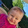 baby, bench, blue_sky, child, cushion, daylight, face, grass, greenery, happy, head, nature, outdoor, person, portrait, relaxation, shirt, smiling, sunny, umbrella