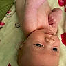 baby, infant, child, face, eyes, wide_eyed, lying_down, upside_down, fists, hands, blanket, bedding, floral_pattern, indoor, portrait, close_up, fair_skin, cozy, alert, photograph