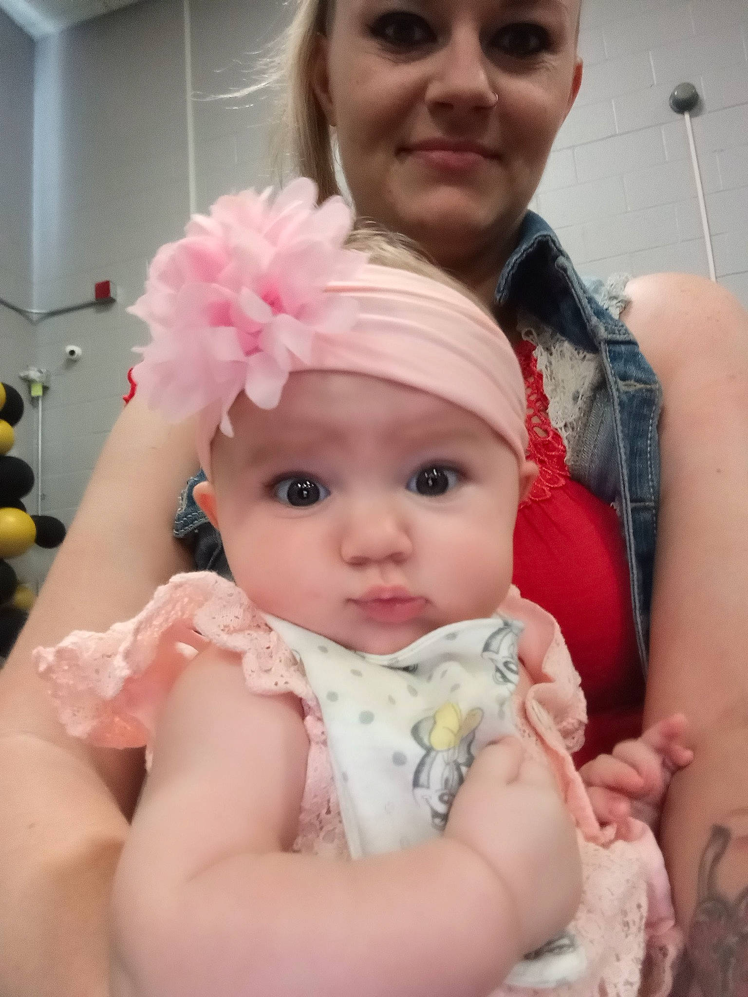 Anastasia is registered to the contest to win money with this photo: baby, baby_toddler_clothing, cheek, dress, eye, eyelash, face, finger, fun, hairstyle, happy, head, headband, headpiece, headwear, iris, joy, lip, person, petal