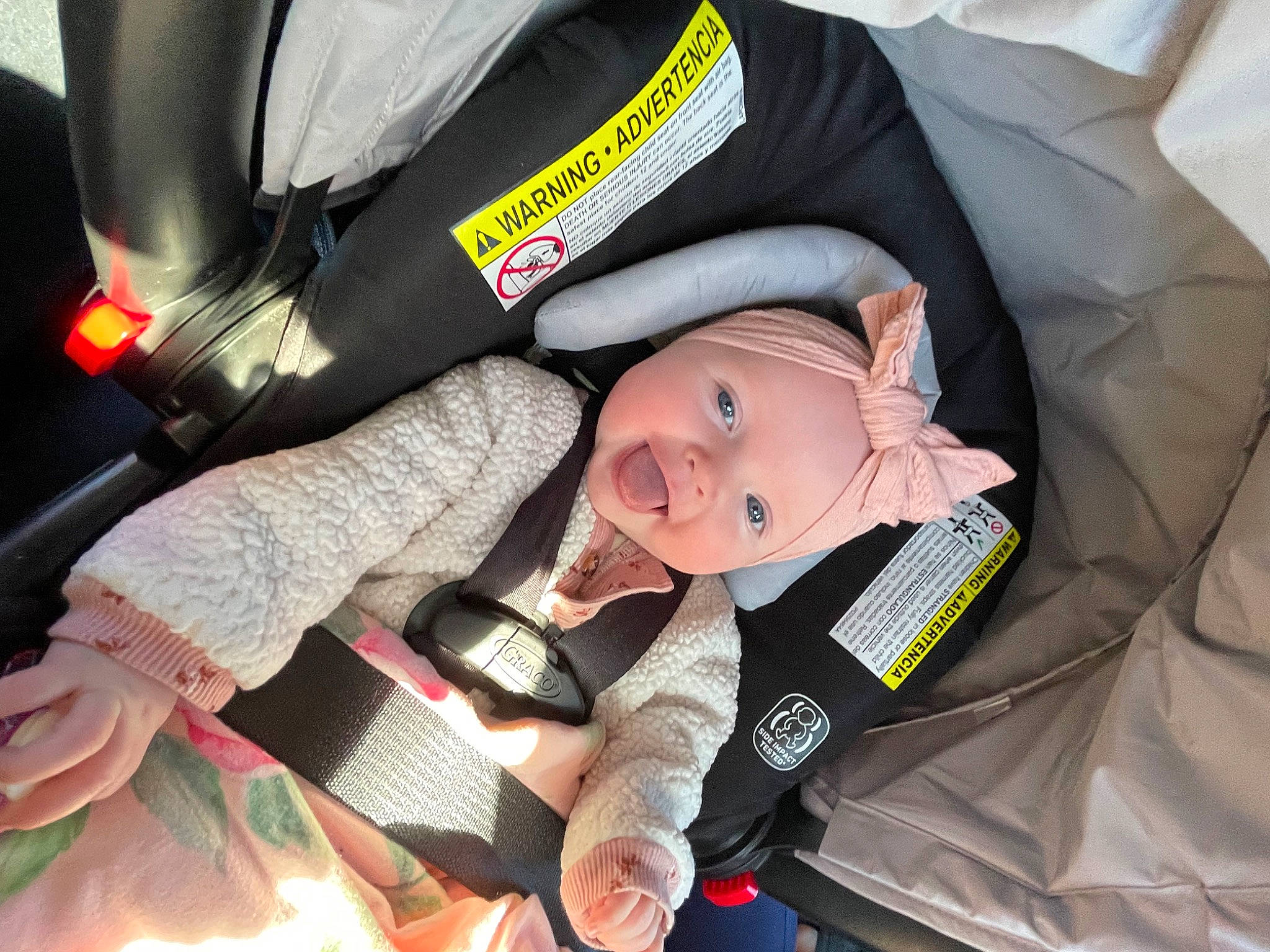 Savannah Rose joined the competition — help win amazing prizes! auto_part, baby, baby_carriage, baby_products, car_seat, carmine, child, comfort, event, family_car, finger, hand, headwear, lap, luxury_vehicle, motor_vehicle, nail, person, seat_belt, smile