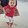 adult, baby, barefoot, beach, child, crab_prints, cute, family, footprints, hands, nature, outdoor, person, red_shirt, sand, shorts, smiling, summer, sunset, vacation