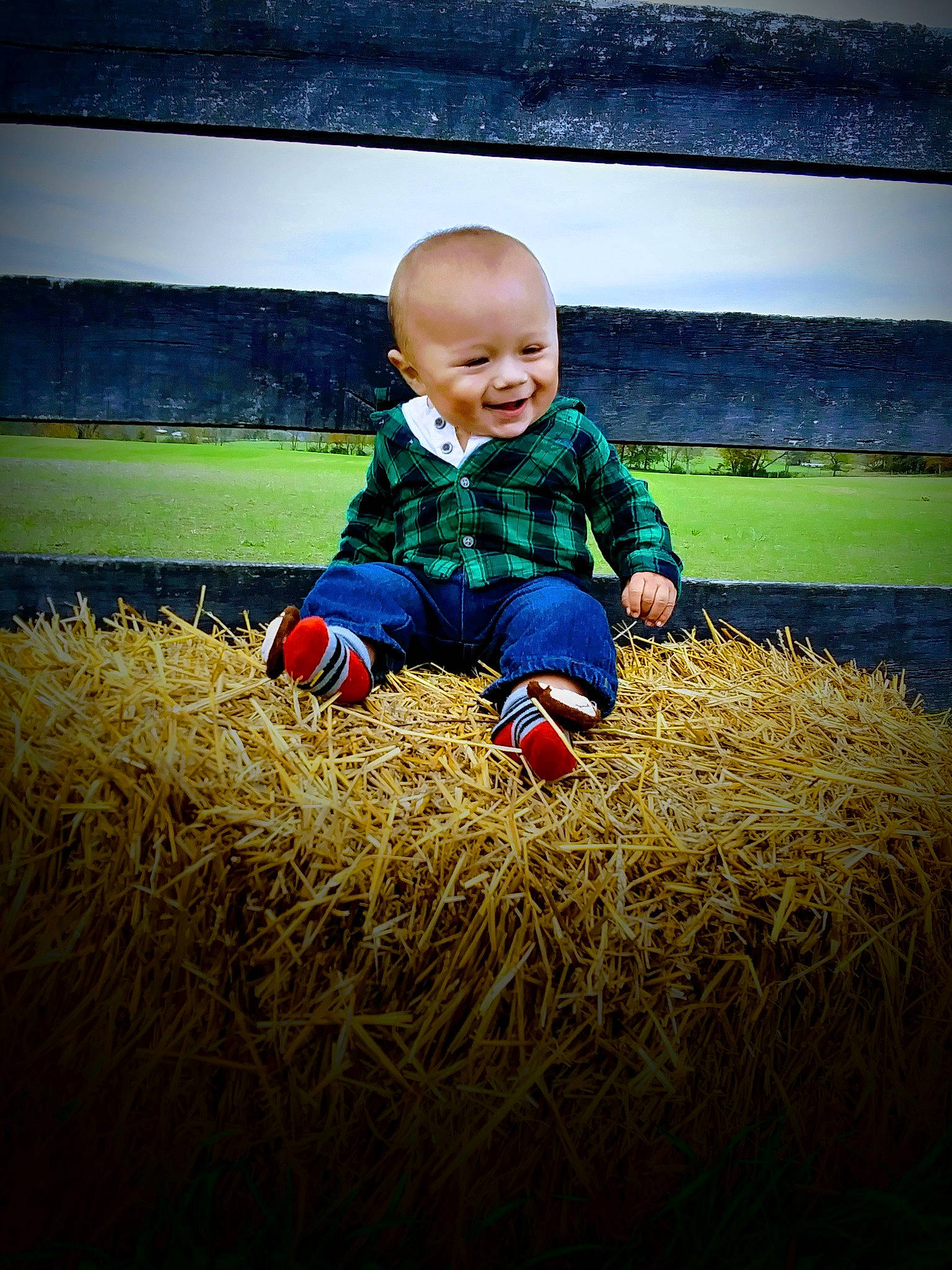 Roy is registered to the contest to win money with this photo: agriculture, baby, baby_toddler_clothing, child, field, flash_photography, fun, grass, grassland, happy, hay, people_in_nature, person, plant, prairie, sitting, sky, smile, straw, sunlight