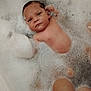 baby, infant, bathtub, foam, bubbles, water, skin, child, relaxing, bath, wet, young, cute, face, head, arm, hand, leg, body, clean