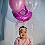 baby, balloon, bed, celebration, child, cute, decor, festive, happy, headband, indoor, infant, number_balloon, pink_sweater, portrait, sitting, smile, toy, white_headband, young_child