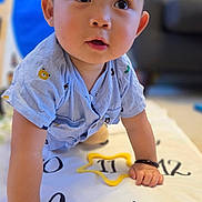 Kingsley is registered to the contest to win money with this photo: baby, child, crawling, milestone_blanket, months, blue_shirt, indoors, curious, expression, face, hand, soft_lighting, closeup, portrait, floor, toy, black_bracelet, background_blur, home, cute