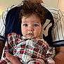 baby, child, person, face, blue_eyes, hair, plaid_clothing, adult, hand, portrait, indoor, holding, curious, wide_eyes, casual_clothing, skin, cute, expression, human, sleeve
