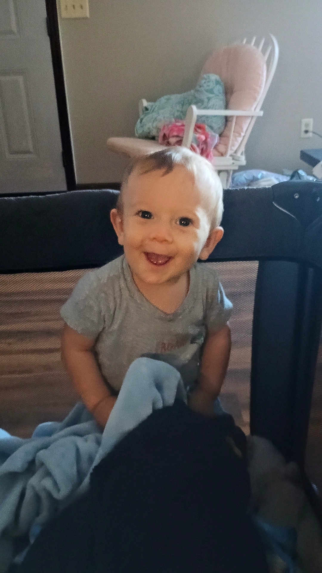 Christian Faircloth joined the competition — help win amazing prizes! toddler, child, smile, playpen, blanket, indoor, furniture, chair, cushion, happy, person, baby, clothing, face, head, room, light, home, cozy, young_child