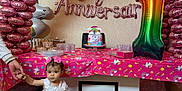 Janna a rejoint le concours — aidez-le/la à gagner de superbes lots ! child, toddler, birthday, party, balloon, unicorn, cake, dress, white_dress, floor, table, gift_bags, toy, balloon_arch, number_balloon, hand, person, celebration, indoor, decorations