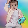 toddler, child, toy, butterfly_clips, pink_clothing, white_overall, patterned_tights, portrait, colorful_background, indoor, cute, happy, baby, person, small_hands, young_child, playful, fashion, studio_shot, smiling