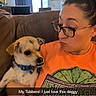 woman, dog, couch, indoor, glasses, orange_shirt, pet, living_room, ceiling_fan, window, brown_couch, casual, holding_pet, short_hair, funny_face, collar, small_dog, home_interior, person, playful
