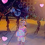 Ophelia joined the competition — help win amazing prizes! toddler, child, smile, colorful_clothing, nighttime, sidewalk, metal_sculpture, fish_sculpture, musical_instrument, outdoor, street_lighting, hair_beads, sandals, bag, happy, art, public_art, urban, heart_overlay, playful