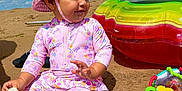 Remi joined the competition — help win amazing prizes! toddler, child, beach, sand, sunhat, swimsuit, toy, inflatable_ring, bottle, sunny, outdoor, play, colorful, blue_sky, clouds, smiling, sitting, barefoot, summer, fun