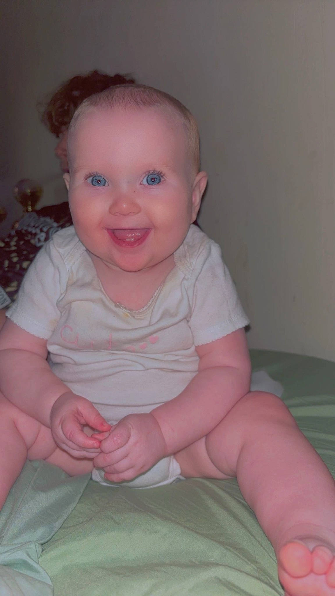 Ivory joined the competition — help win amazing prizes! baby, baby_toddler_clothing, cheek, child, chin, comfort, eye, face, head, human_leg, iris, joy, linens, mouth, person, pink, sitting, skin, sleeve, smile