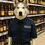 Tyse a rejoint le concours — aidez-le/la à gagner de superbes lots ! husky, dog, security_uniform, liquor_store, bottles, aisle, shelves, blue_eyes, serious, standing, indoors, floor_tiles, black_tie, belt, badge, fur, canine, shop, store, animal