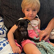 Onyx is registered to the contest to win money with this photo: black_dog, blanket, blonde_hair, child, comfort, couch, cozy, cute, dog, hand, holding, indoor, knitted_blanket, pet, pink_dress, pug, puppy, seated, window_blinds, young_child