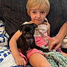 black_dog, blanket, blonde_hair, child, comfort, couch, cozy, cute, dog, hand, holding, indoor, knitted_blanket, pet, pink_dress, pug, puppy, seated, window_blinds, young_child