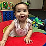 Asha is registered to the contest to win money with this photo: baby, blue_play_structure, child, colorful, cute, face, floor_mat, green_bow, hands, happy, indoor, infant, person, pink_clothing, playroom, red_play_structure, smiling, toy, wooden_cabinet, young