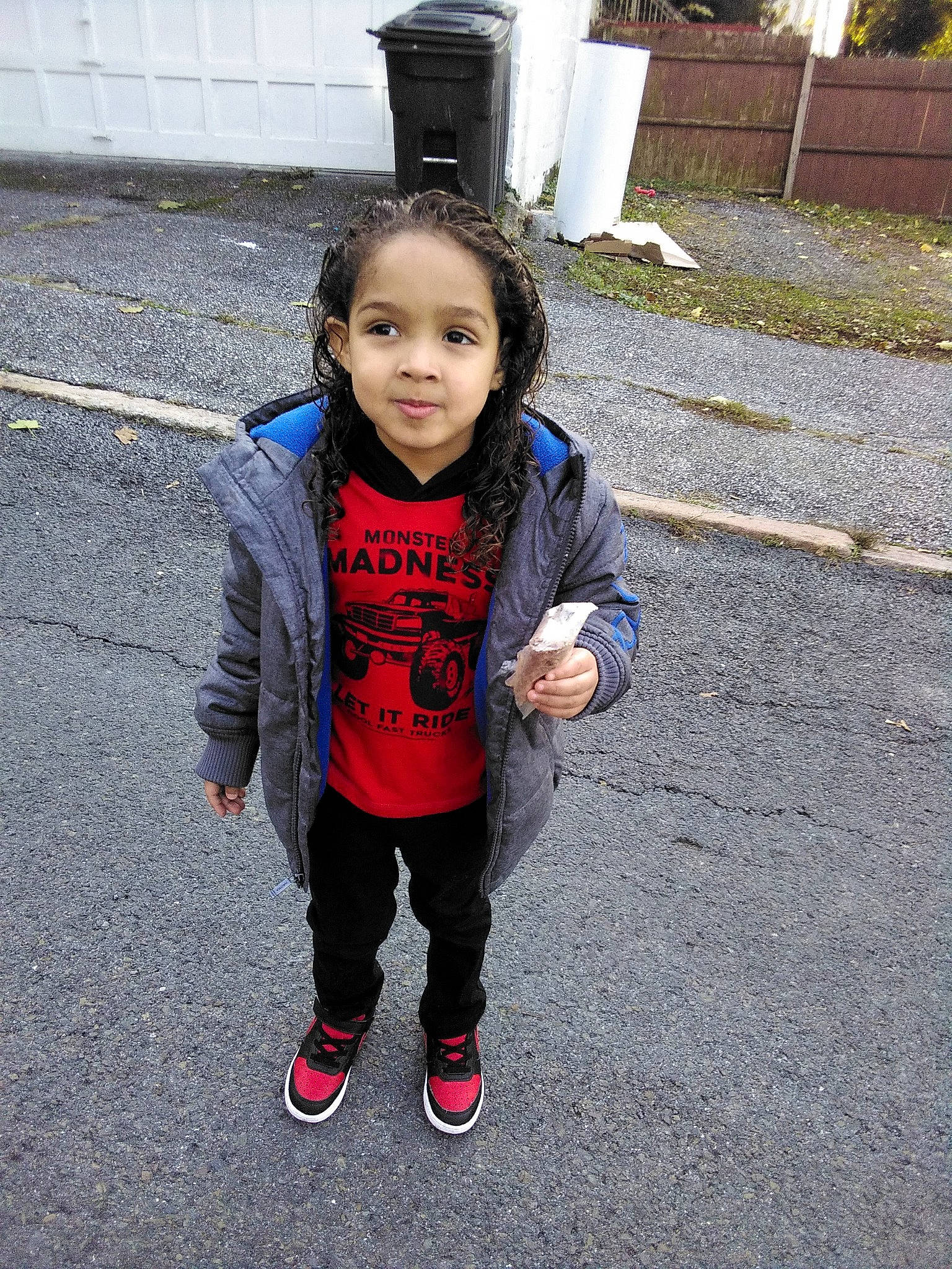 Joshua joined the competition — help win amazing prizes! asphalt, child, denim, electric_blue, fun, happy, hoodie, jacket, leisure, pedestrian, person, recreation, road_surface, shadow, sidewalk, sleeve, street, t_shirt, toddler, waste_container